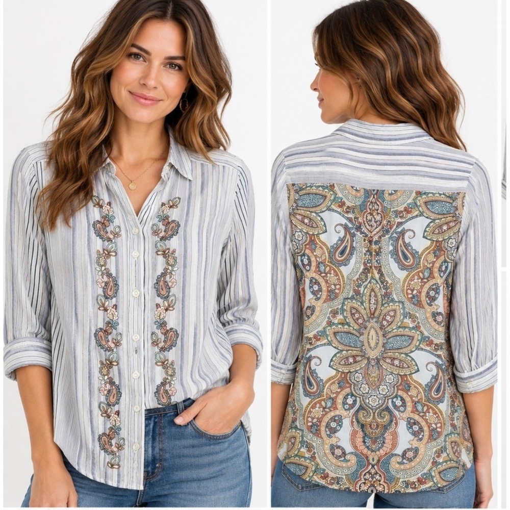 Chico's Women's Size 2 (12-14) Blue Striped Shirt Embroidered Paisley Back Boho
